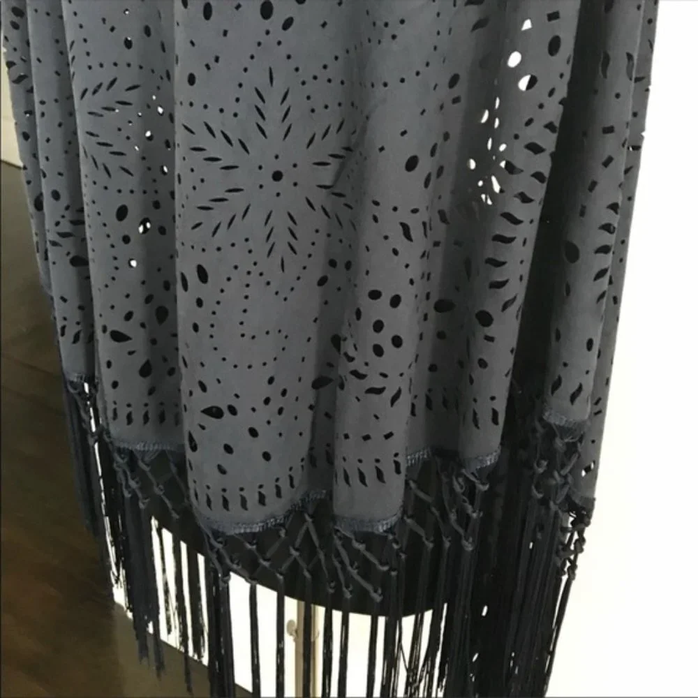 Muche et Muchette Navy Laser Cut Fringe Faux Suede Shawl NWT